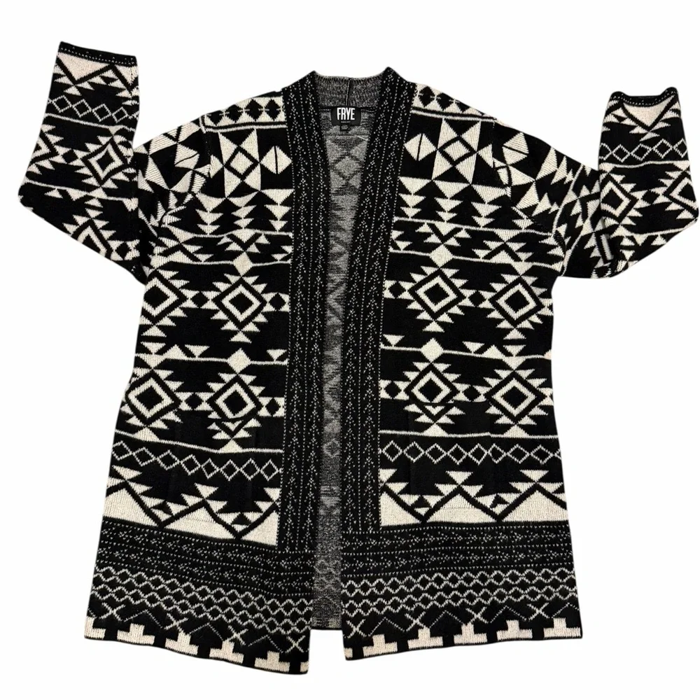 Frye Women's Patterned Cardigan BLACK WHITE Open Front Soft Cozy Pockets XXL 20